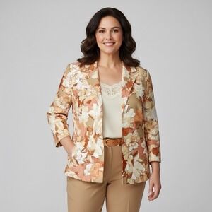 Alfred Dunner Floral Blazer Sz 16 Open Front Peach Earth Tones 3/4 Sleeve Jacket